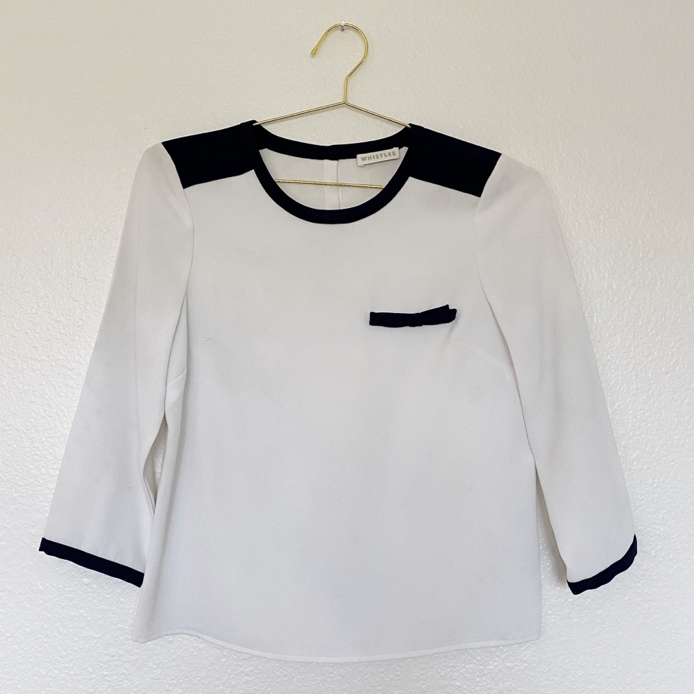 WHISTLES White Blouse with Navy Trim and Bow SZ 4